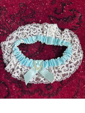 Vintage 1980's Lace Wedding Garter Pearls Blue Elastic Band Something Blue